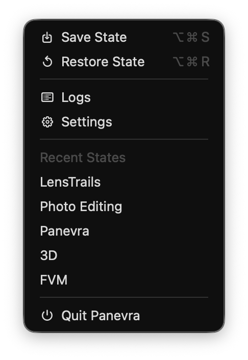 Panevra context menu with Save State, Restore State, Logs, Settings, Recent States, and Quit Panevra